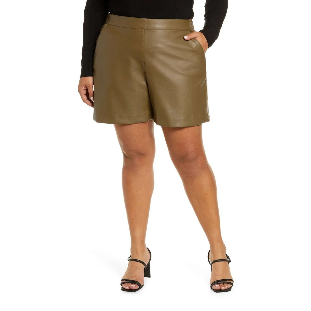 Halogen Womens‎ Faux Leather Olive Green Shorts Elastic Waist Business Small